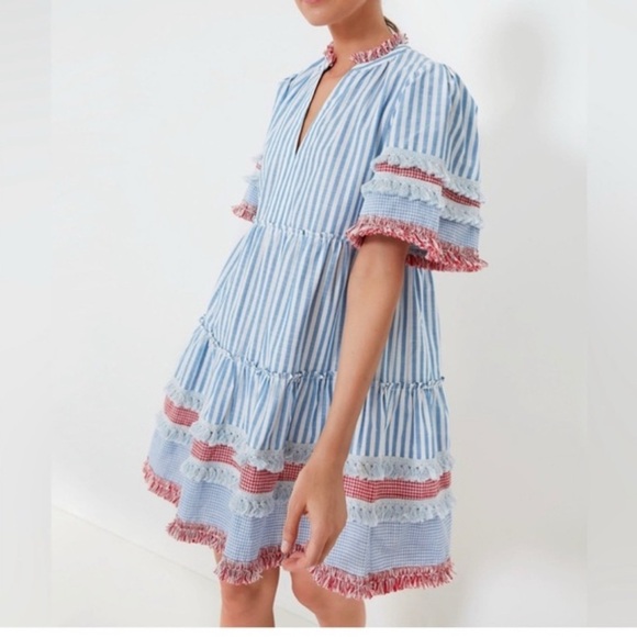 TUCKERNUCK Striped Blue and Pink Ruffle Dress - Picture 1 of 6